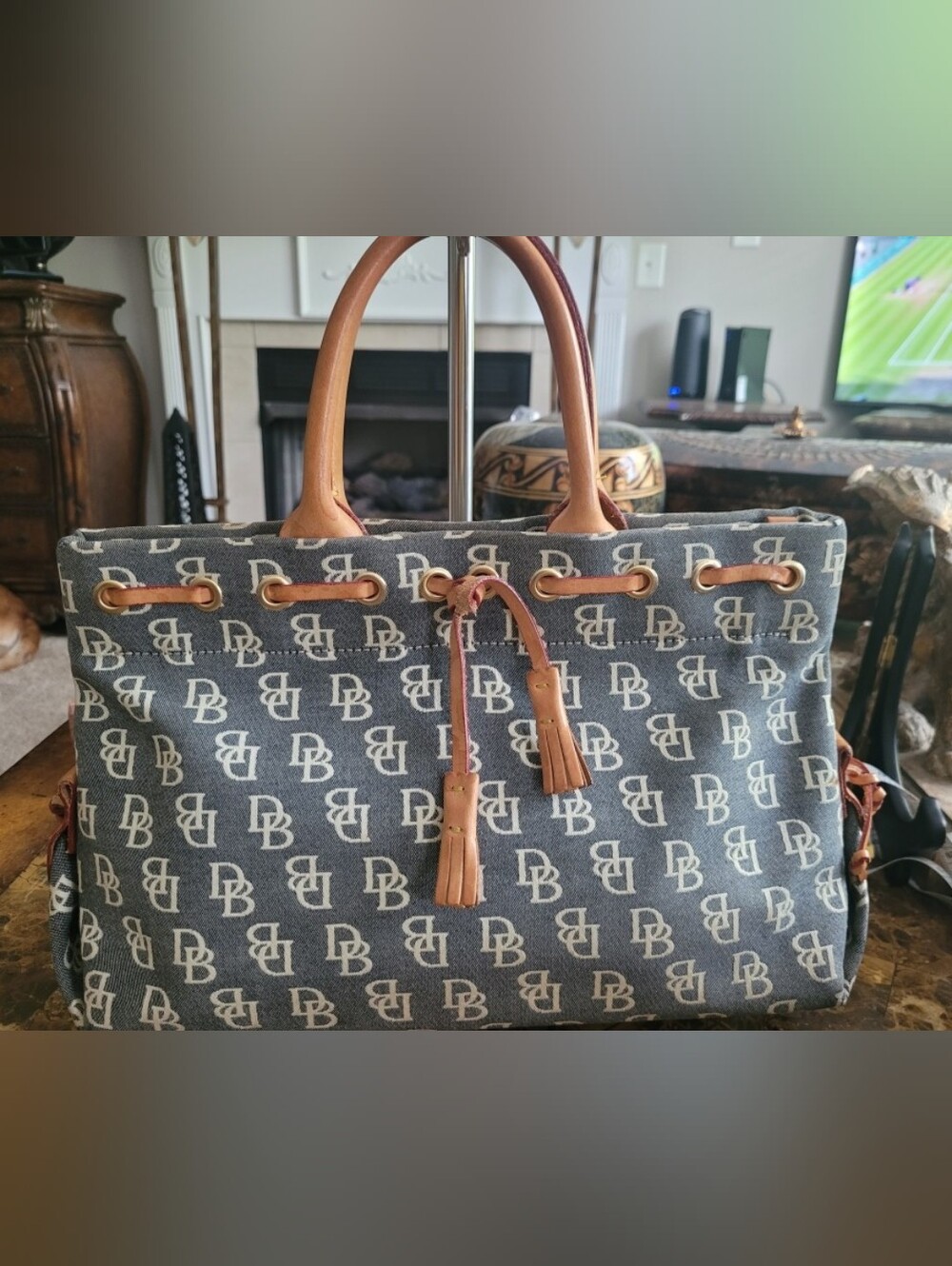 Dooney & Bourke Blue Denim Monogram Tote with Brown Leather Trim